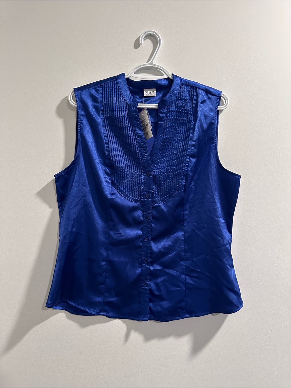 Suzy Shier Sleeveless Satin Pintuck Blouse in Cobalt Blue